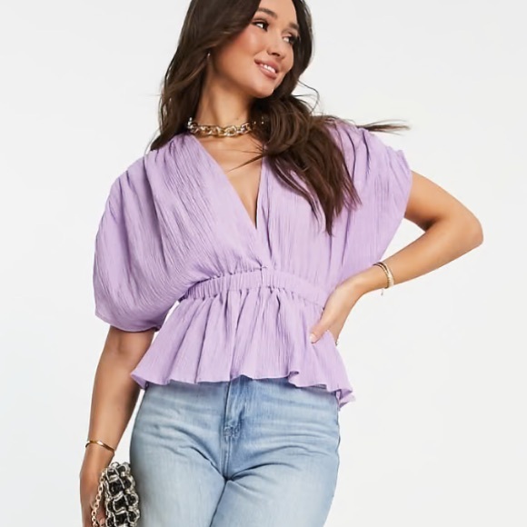 ASOS DESIGN Textured Plunge Front Top With Elastic Waist Detail In Lilac 4 Small - Picture 1 of 8